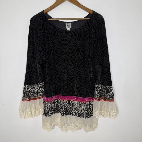 Ivy Jane Shirt Womens Large Black Velvet Burnout Lace Tunic Boho Made USA - Picture 1 of 9